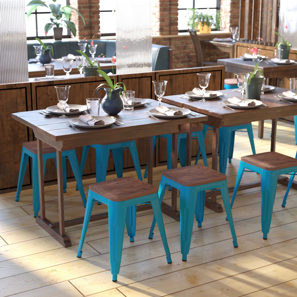 Teal |#| Set of 4 Teal 18" Table Height Indoor Stackable Metal Stool with Wood Seat