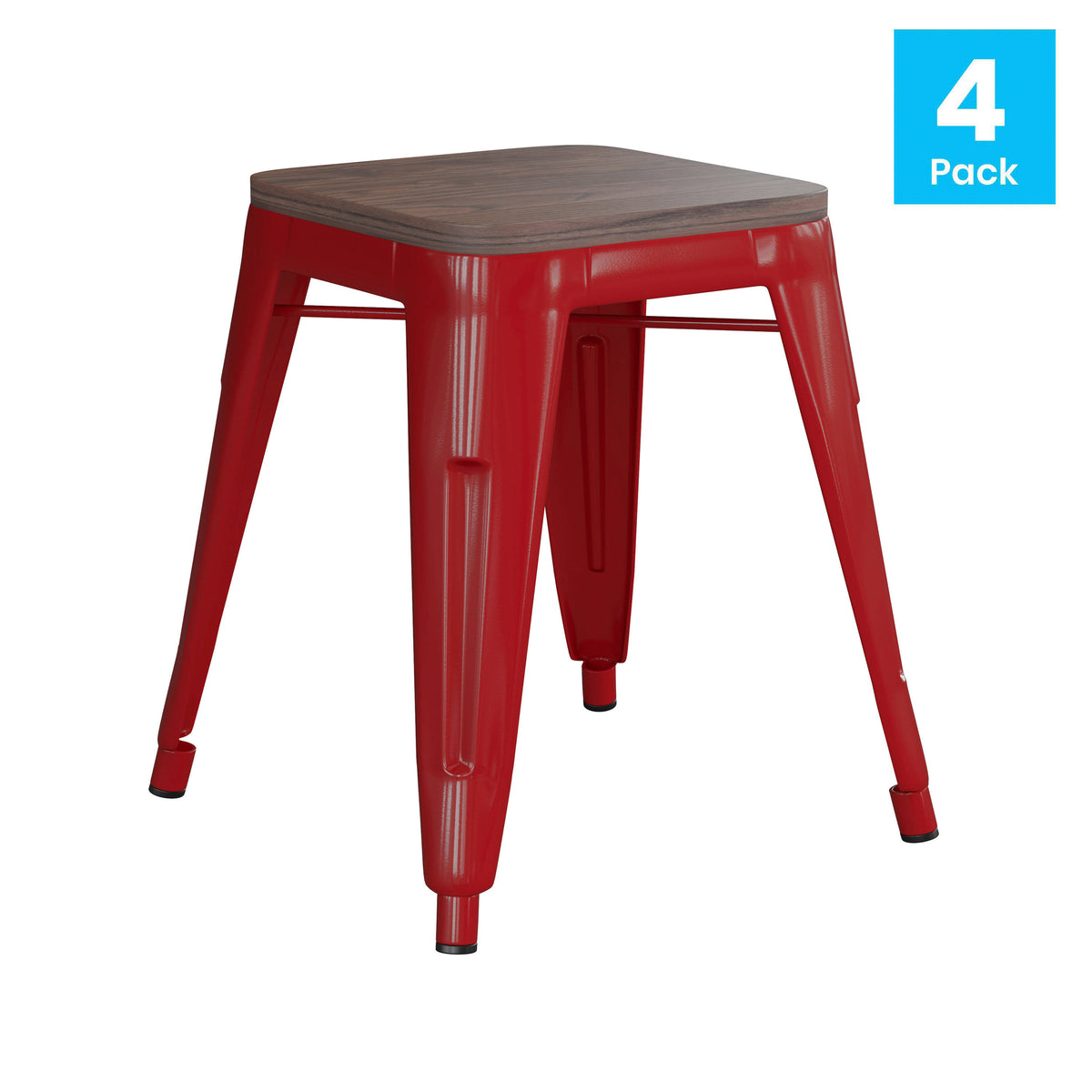 Red |#| Set of 4 Red 18" Table Height Indoor Stackable Metal Stool with Wood Seat