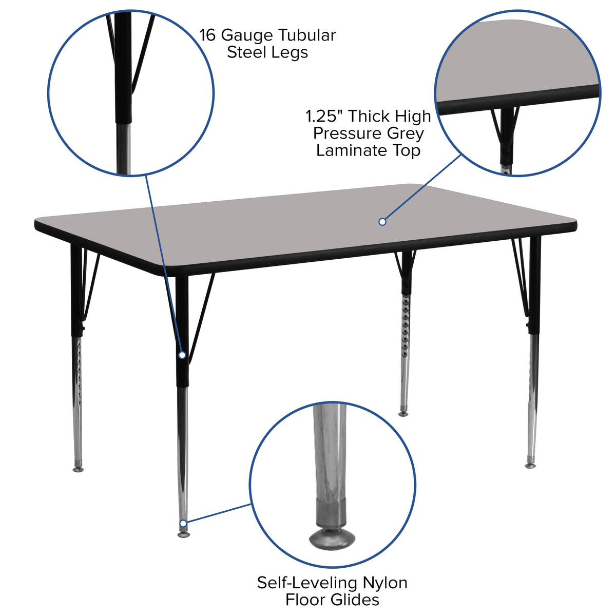 Gray Top/Black Frame |#| 24"W x 60"L Rectangular Grey HP Laminate Activity Table - Height Adjustable Legs