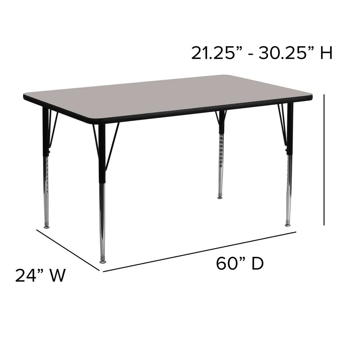Gray Top/Black Frame |#| 24"W x 60"L Rectangular Grey HP Laminate Activity Table - Height Adjustable Legs