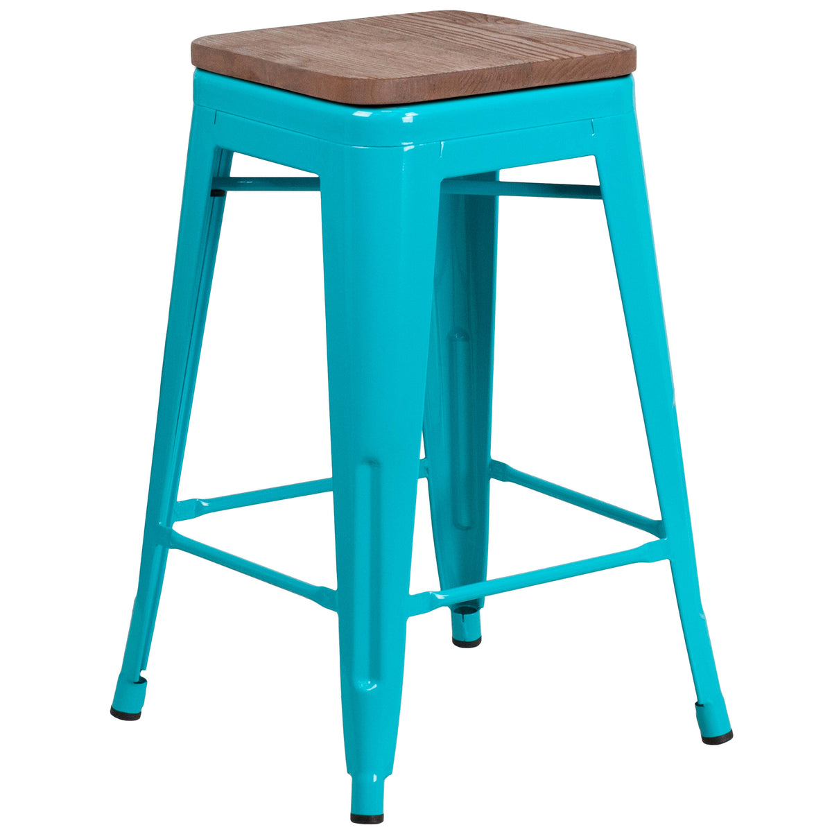 Crystal Teal-Blue |#| 24" High Backless Crystal Teal-Blue Counter Height Stool with Square Wood Seat