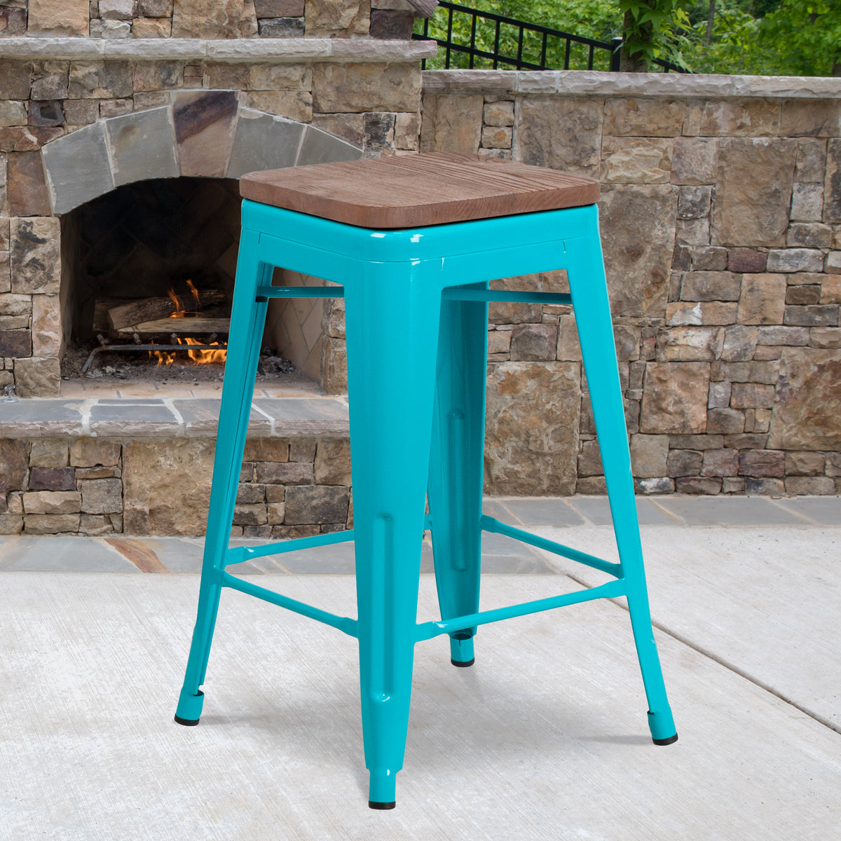 Crystal Teal-Blue |#| 24" High Backless Crystal Teal-Blue Counter Height Stool with Square Wood Seat