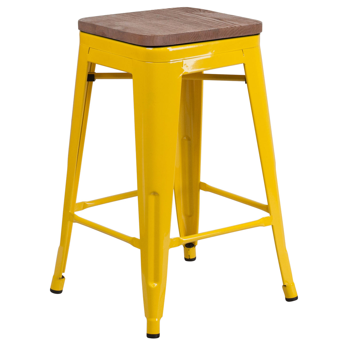Yellow |#| 24" High Backless Yellow Metal Counter Height Stool with Square Wood Seat