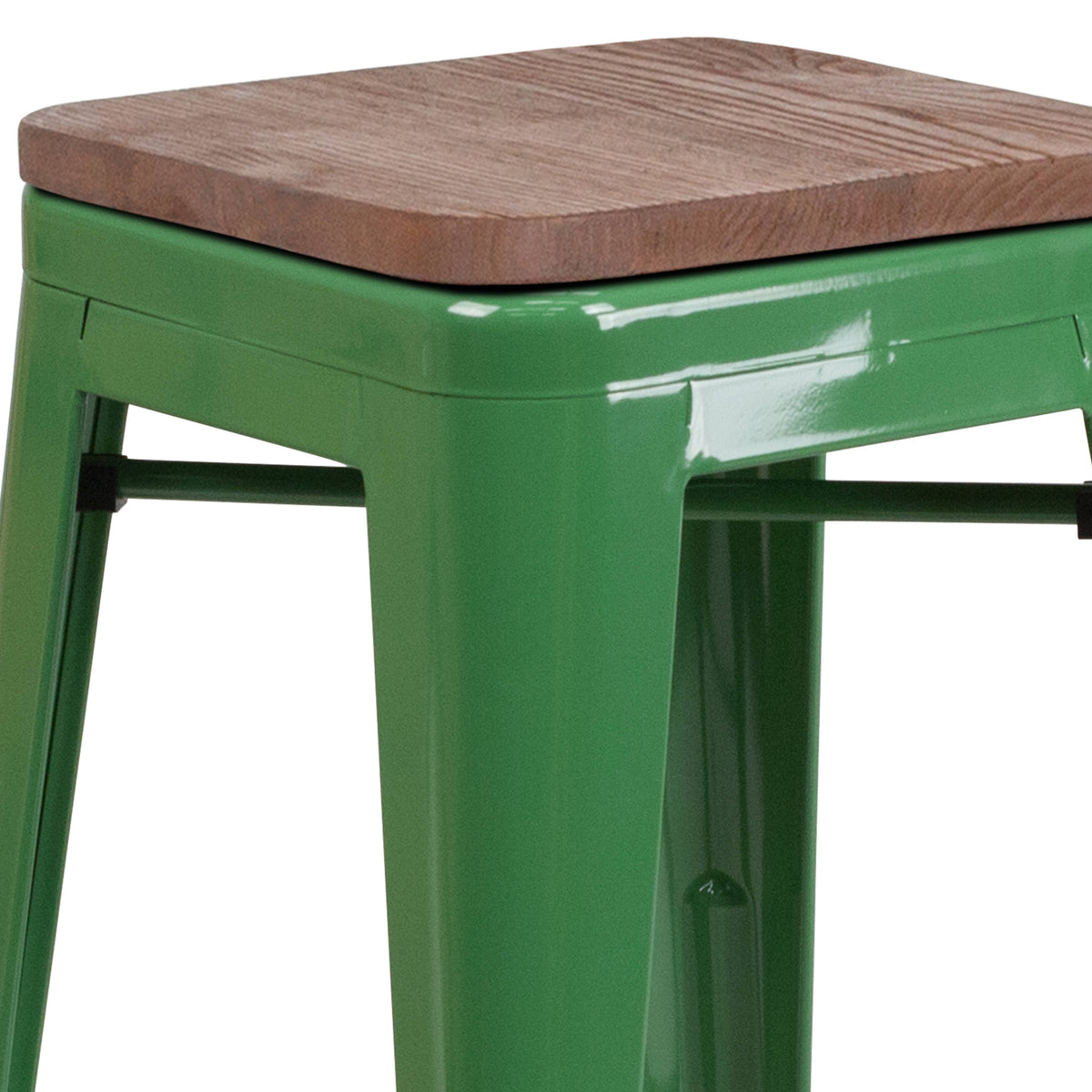 Green |#| 24" High Backless Green Metal Counter Height Stool with Square Wood Seat