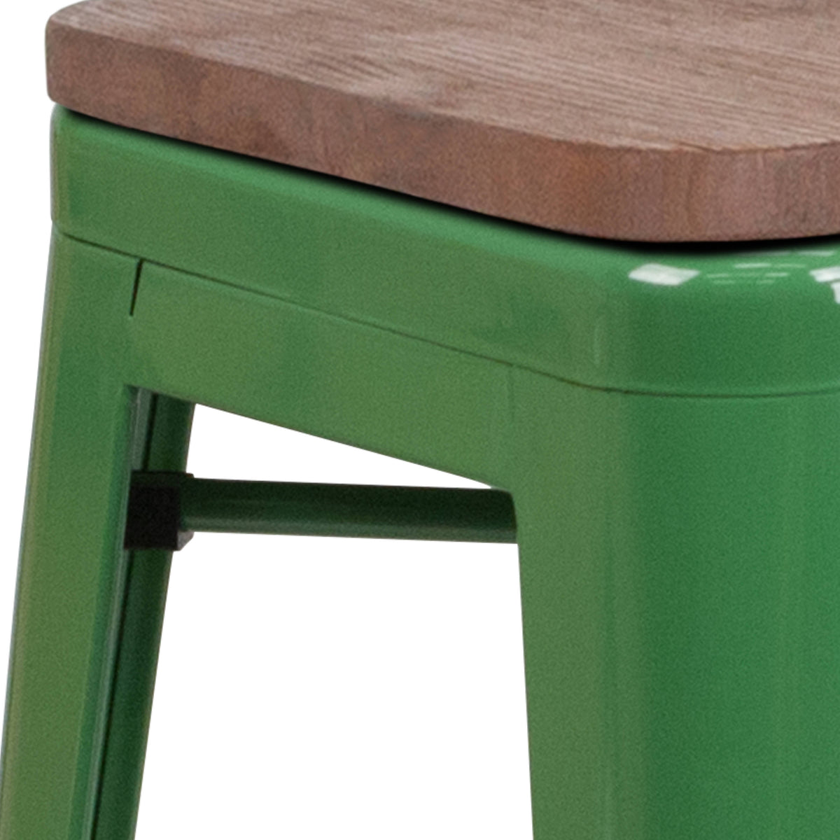 Green |#| 24" High Backless Green Metal Counter Height Stool with Square Wood Seat