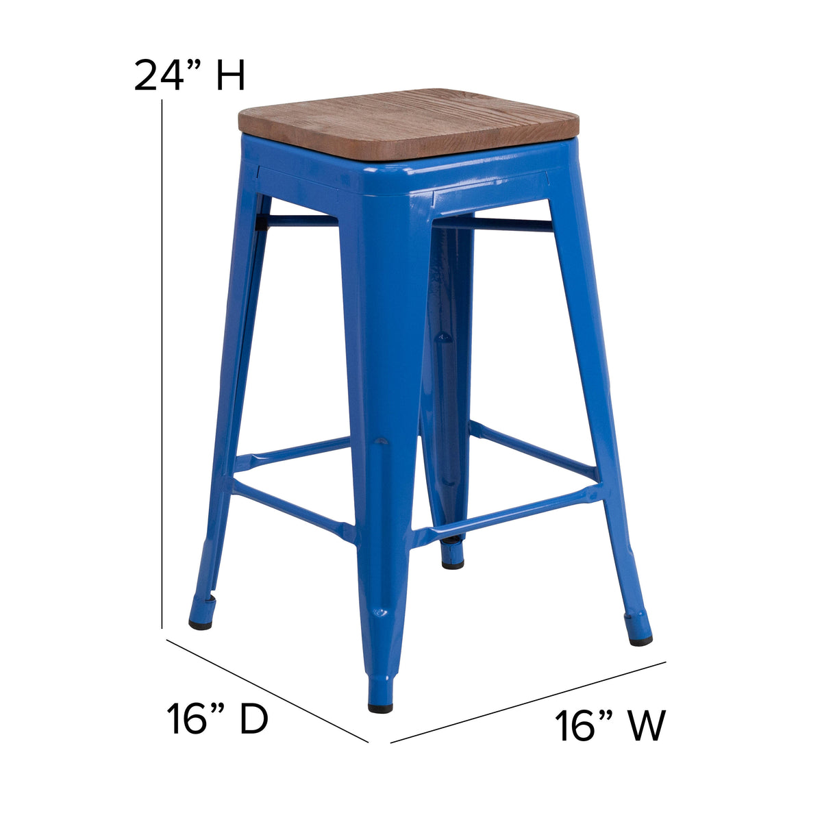 Blue |#| 24" High Backless Blue Metal Counter Height Stool with Square Wood Seat