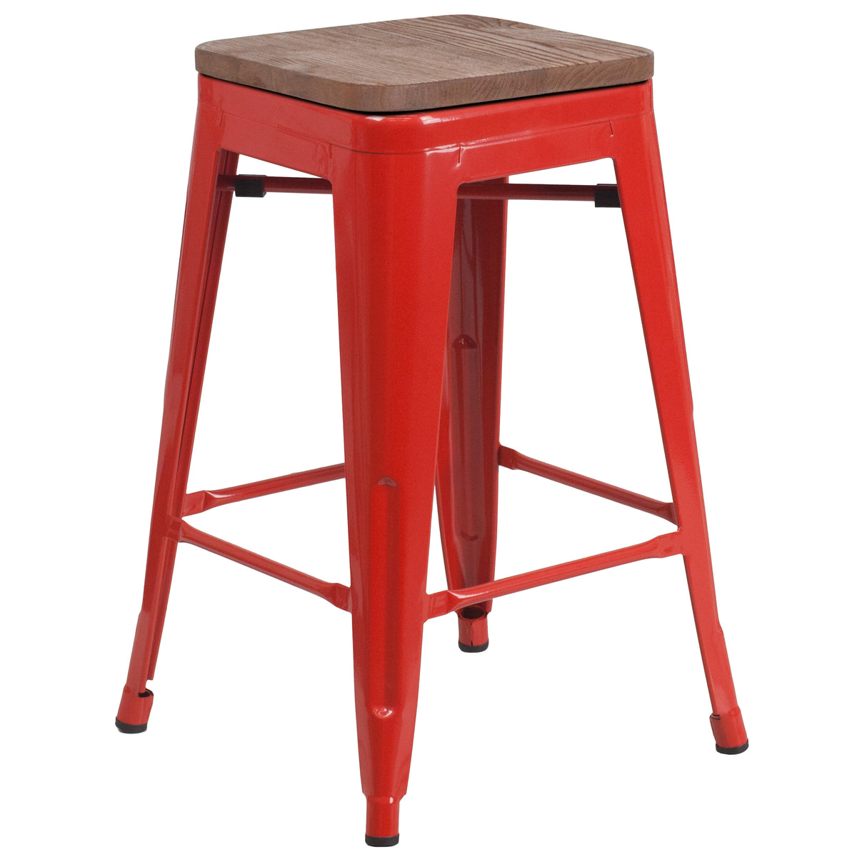 Red |#| 24" High Backless Red Metal Counter Height Stool with Square Wood Seat
