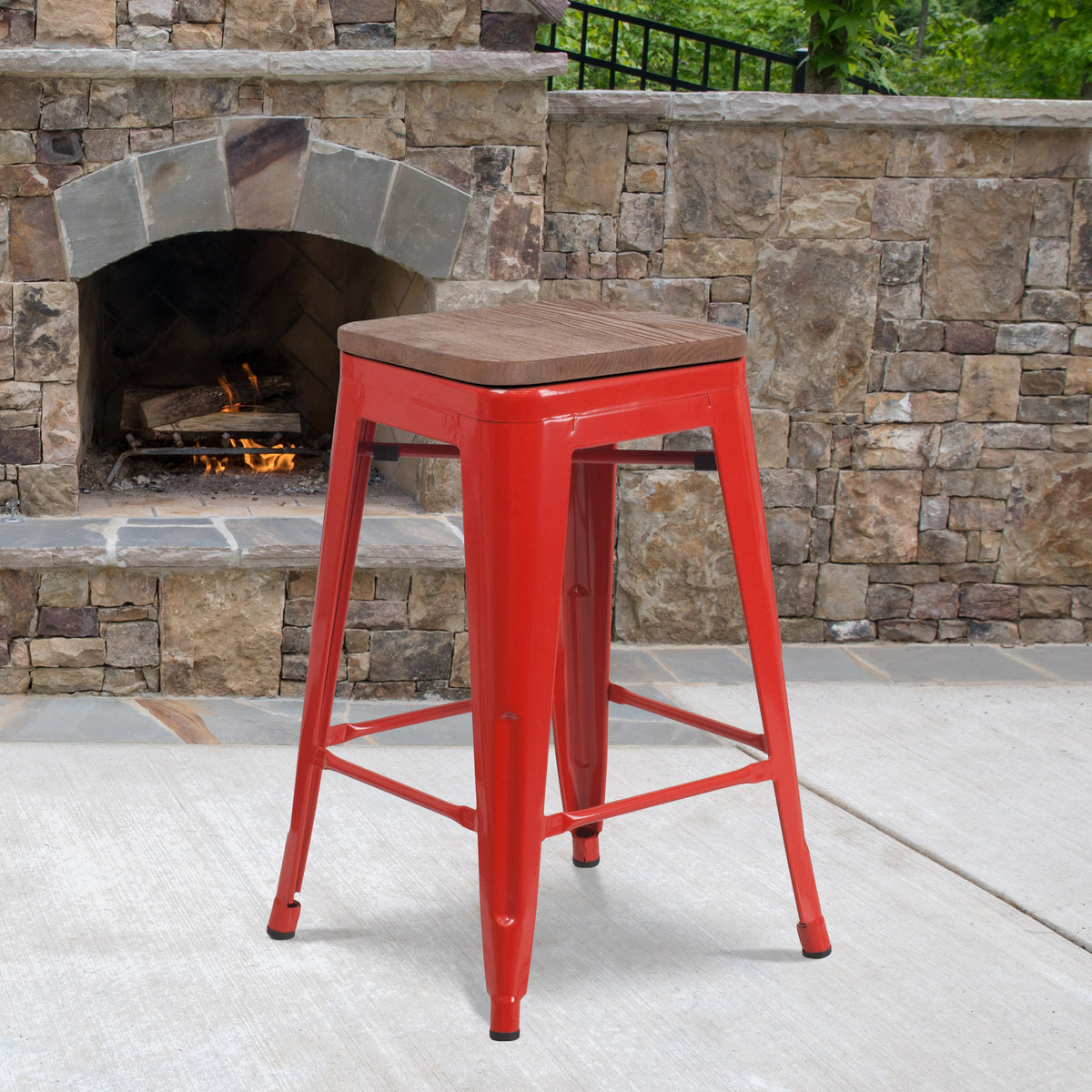 Red |#| 24" High Backless Red Metal Counter Height Stool with Square Wood Seat