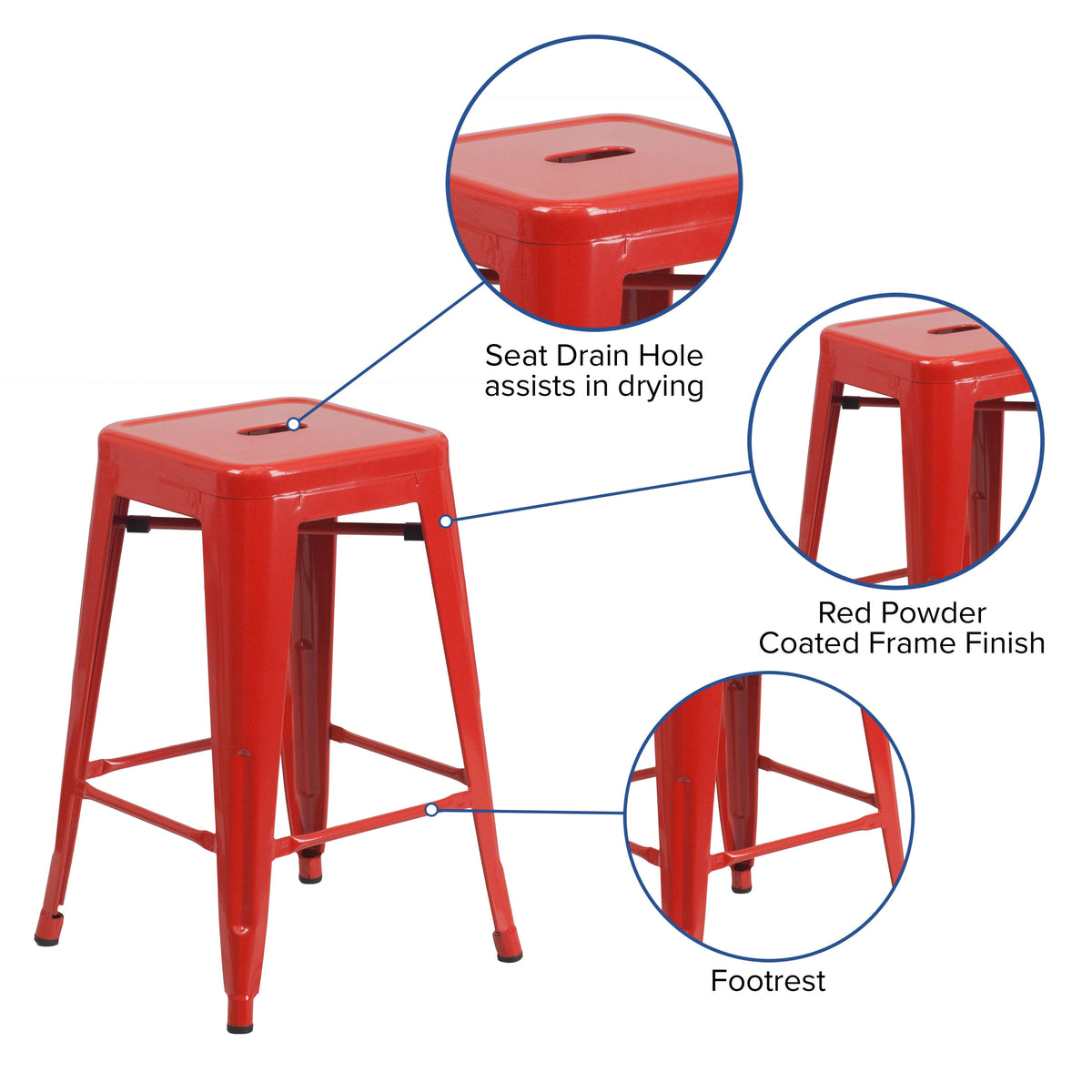 Red |#| 24" High Backless Red Metal Counter Height Stool with Square Wood Seat