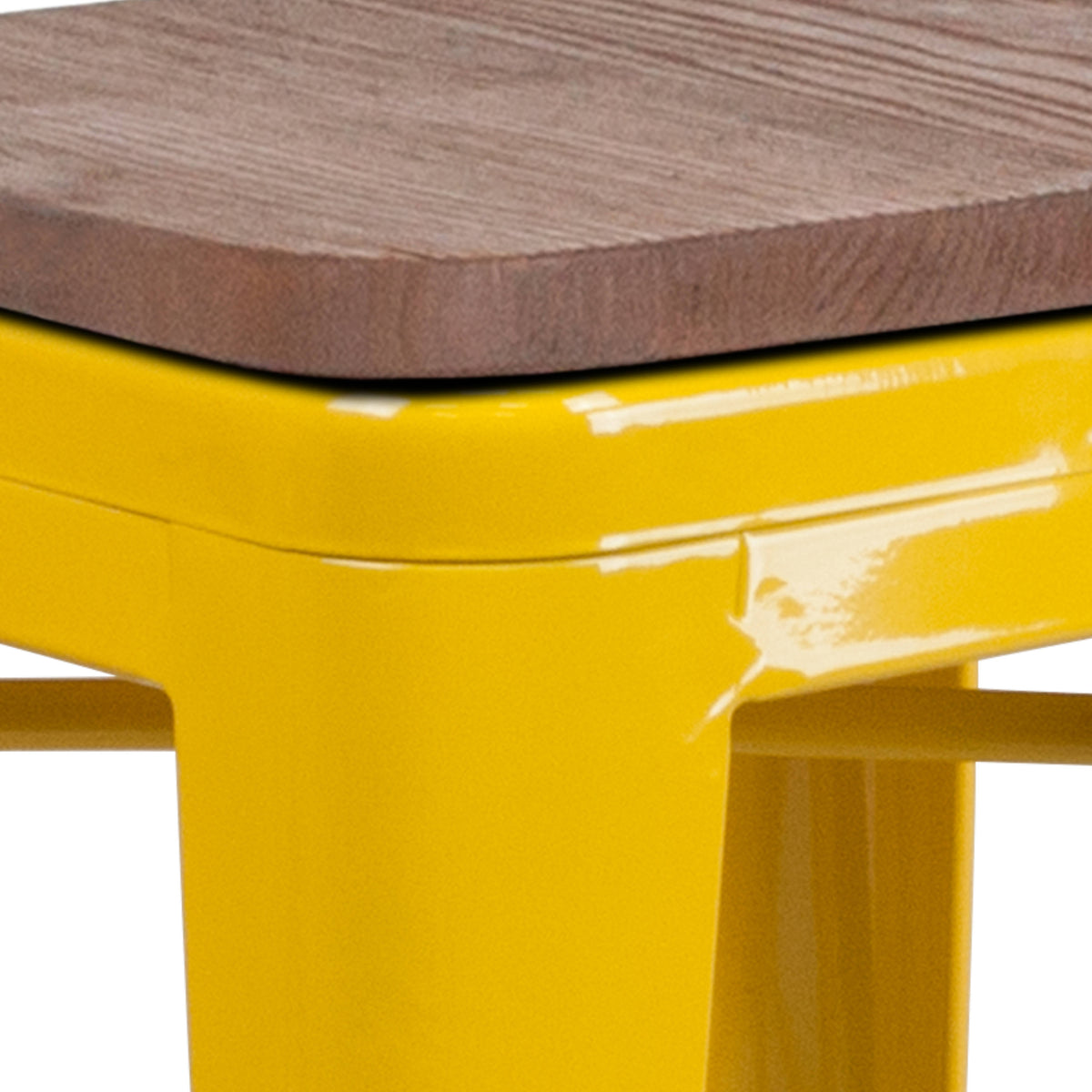 Yellow |#| 24" High Backless Yellow Metal Counter Height Stool with Square Wood Seat