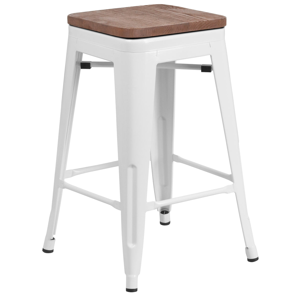 White |#| 24" High Backless White Metal Counter Height Stool with Square Wood Seat