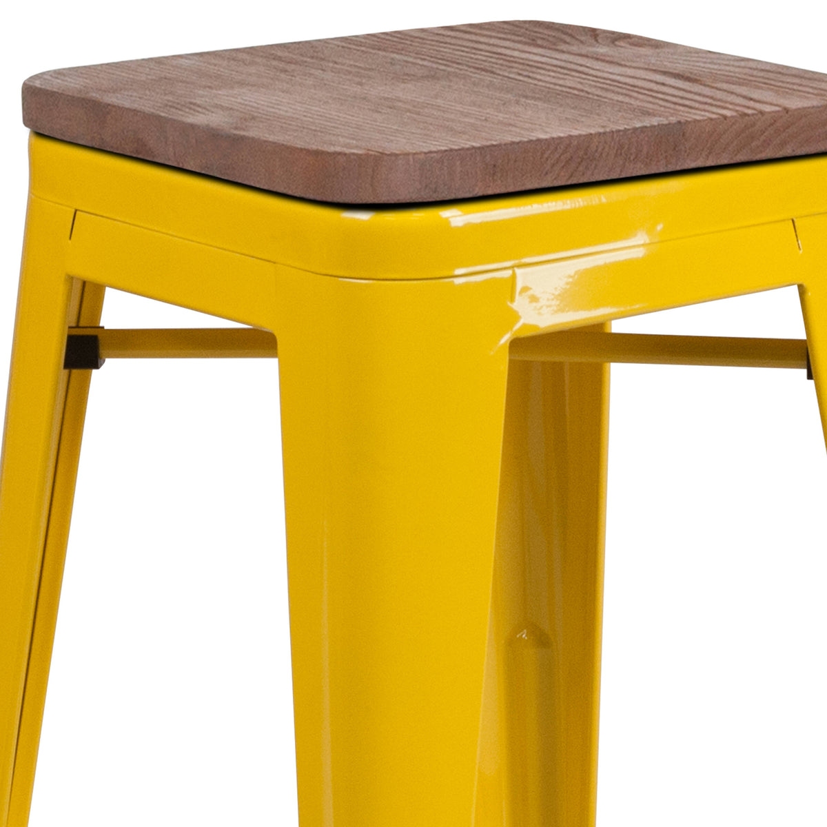 Yellow |#| 24" High Backless Yellow Metal Counter Height Stool with Square Wood Seat