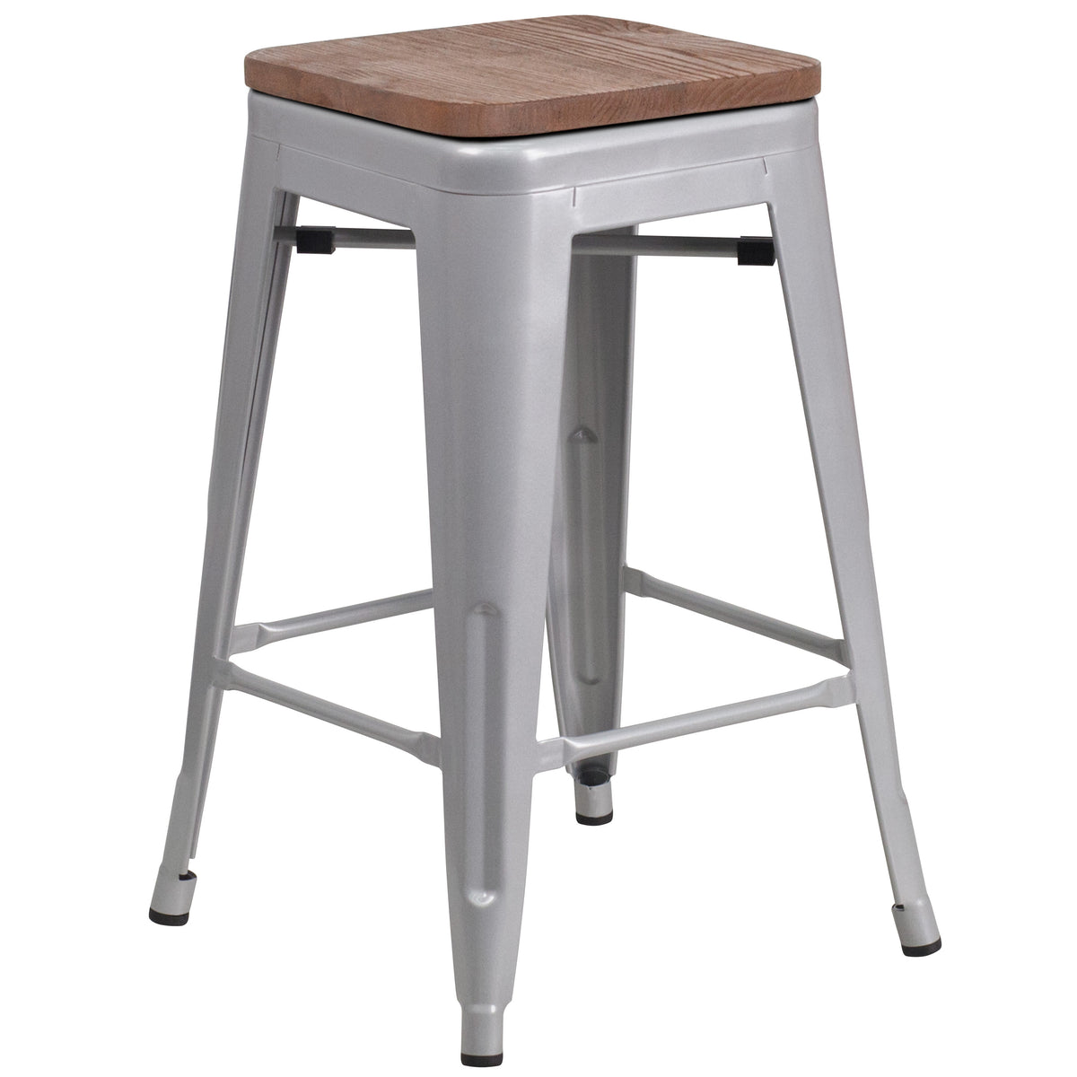 Silver |#| 24" High Backless Silver Metal Counter Height Stool with Square Wood Seat
