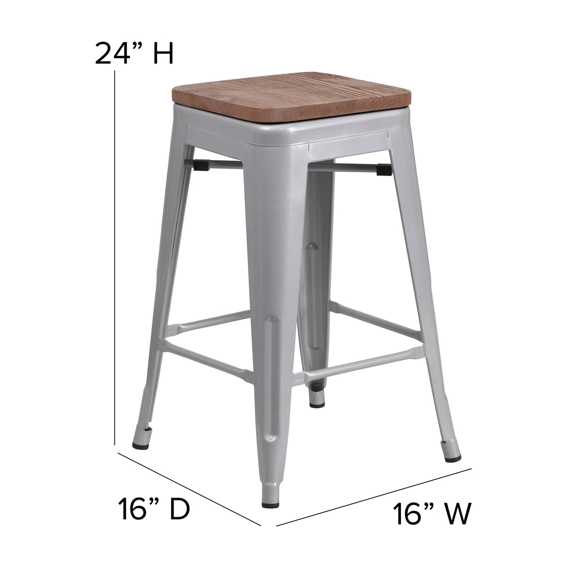 Silver |#| 24" High Backless Silver Metal Counter Height Stool with Square Wood Seat