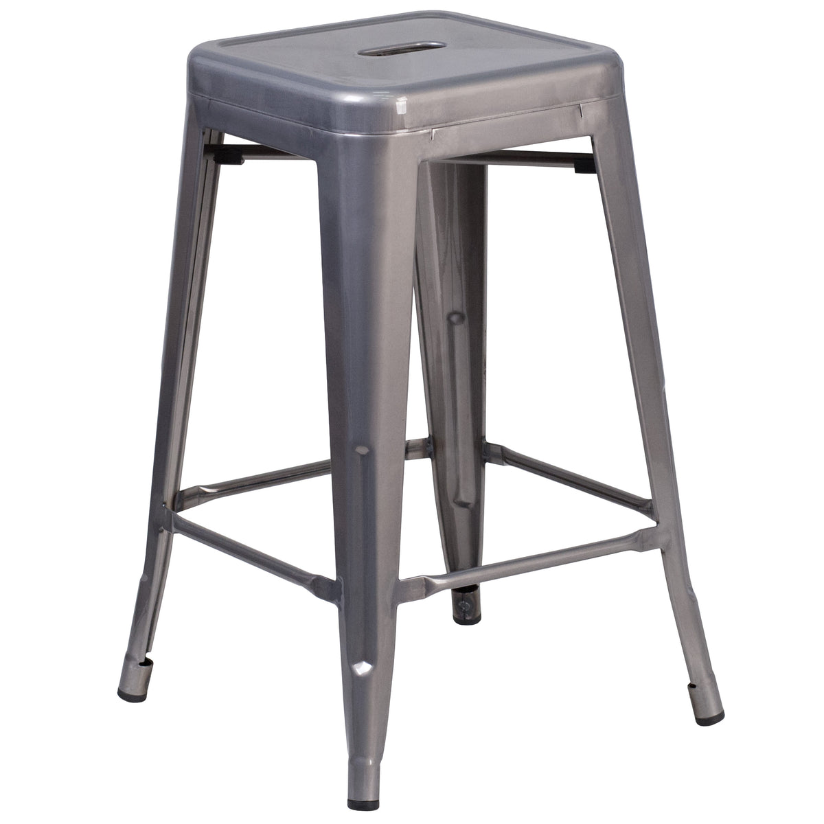 24" High Backless Silver Antique Clear Coat Metal Counter Stool w/ Square Seat