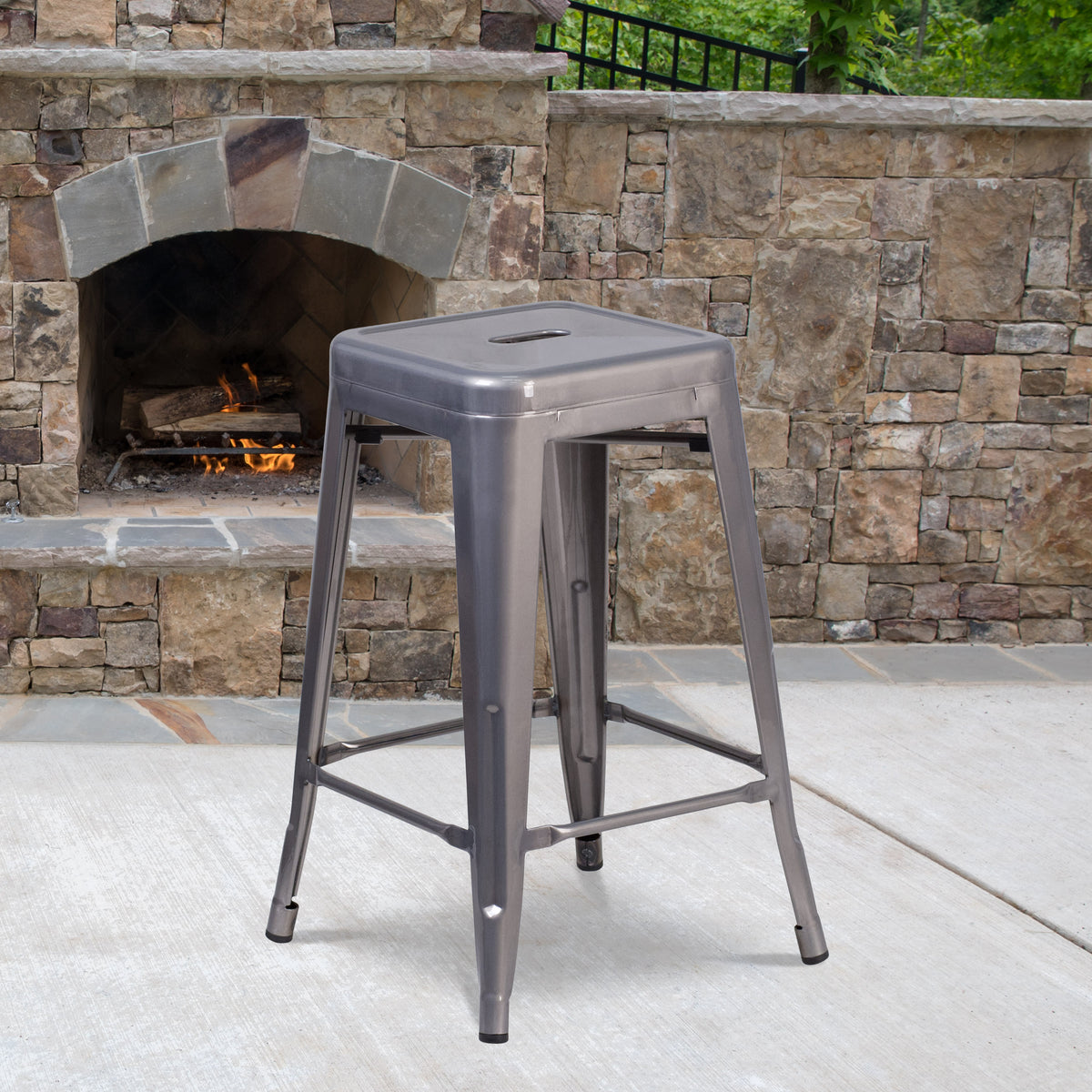 24" High Backless Silver Antique Clear Coat Metal Counter Stool w/ Square Seat