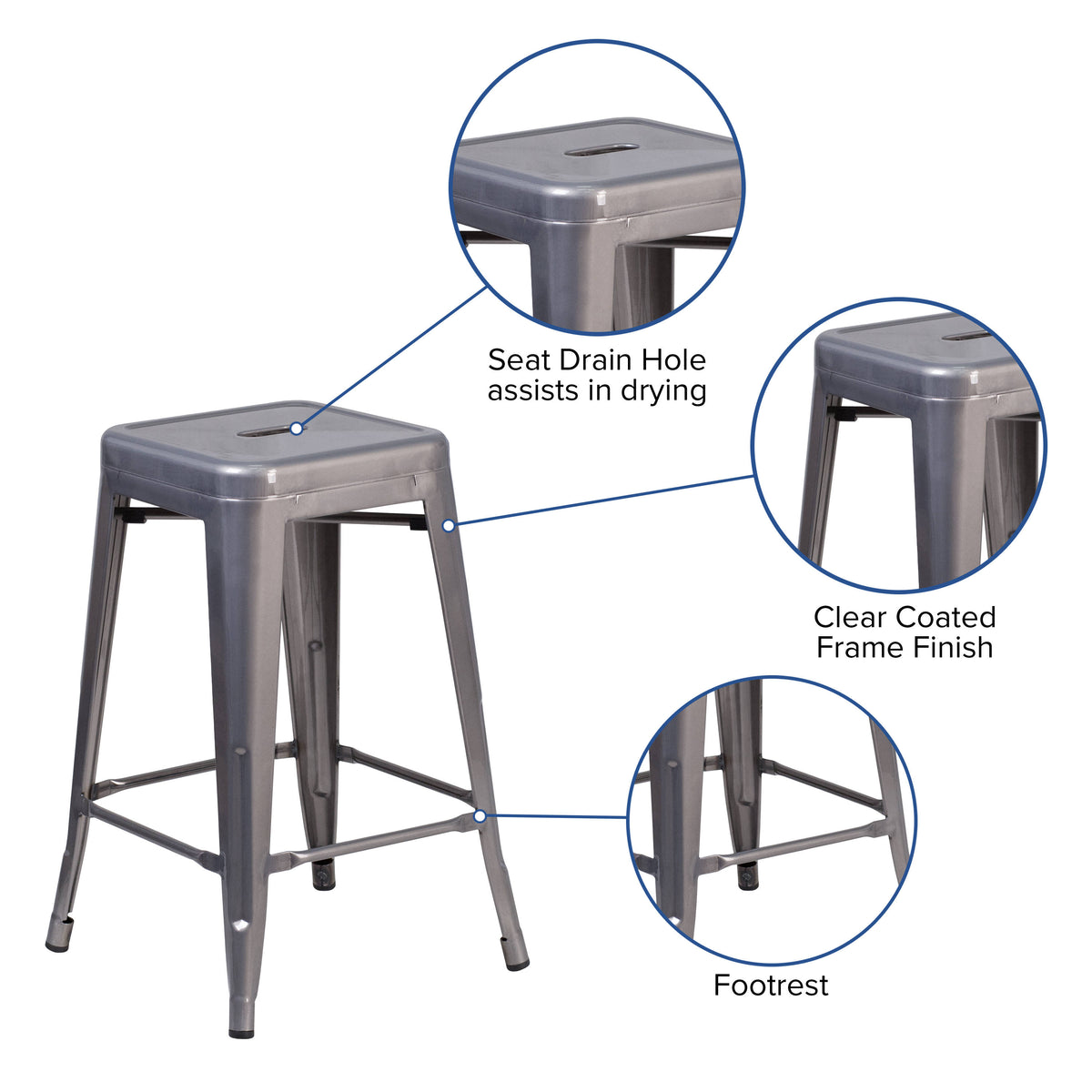24" High Backless Silver Antique Clear Coat Metal Counter Stool w/ Square Seat