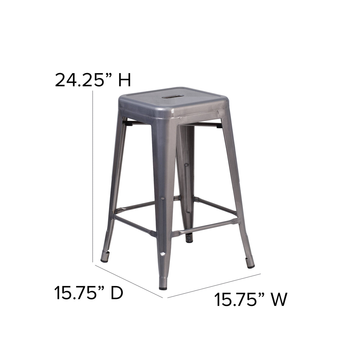 24" High Backless Silver Antique Clear Coat Metal Counter Stool w/ Square Seat