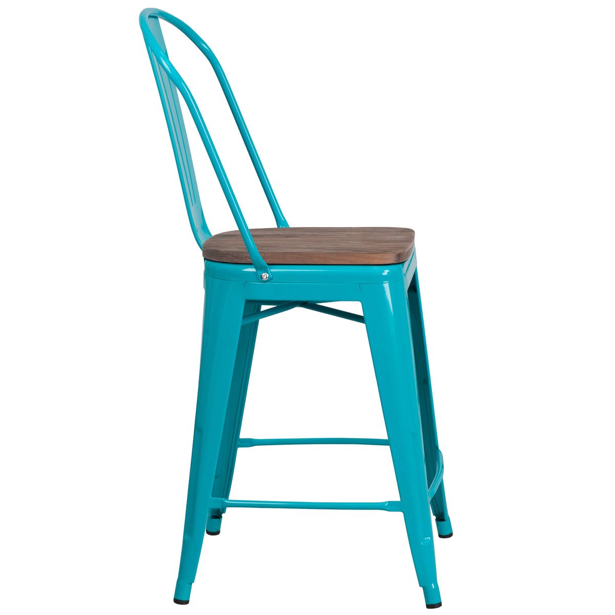 Crystal Teal-Blue |#| 24" High Crystal Teal-Blue Metal Counter Height Stool with Back and Wood Seat