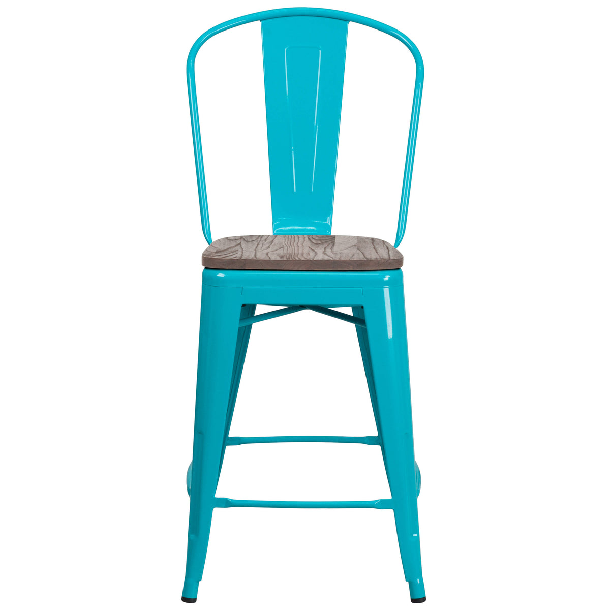 Crystal Teal-Blue |#| 24" High Crystal Teal-Blue Metal Counter Height Stool with Back and Wood Seat