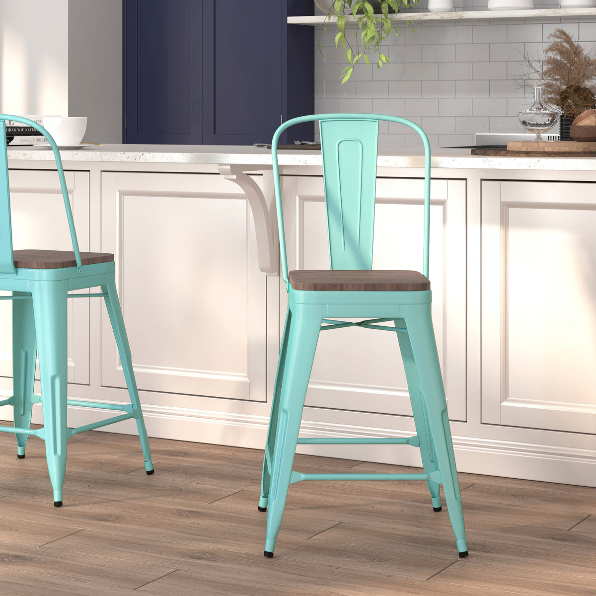 Mint Green |#| 24" High Mint Green Metal Counter Height Stool with Back and Wood Seat
