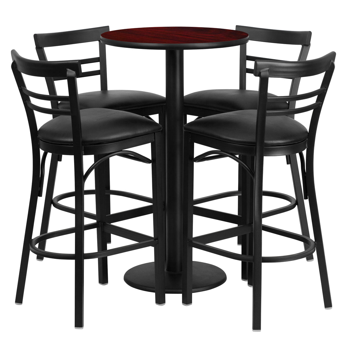 Mahogany Top/Black Vinyl Seat |#| 24" Round Mahogany Laminate Table w/ Round Base & 4 Ladder Back Metal Barstools