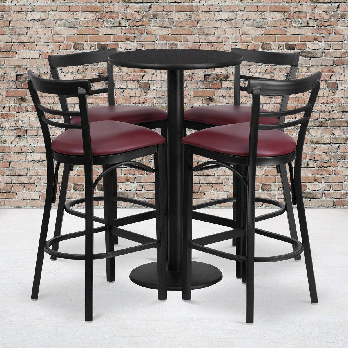 Black Top/Burgundy Vinyl Seat |#| 24" Round Black Laminate Table with Round Base & 4 Ladder Back Metal Barstools