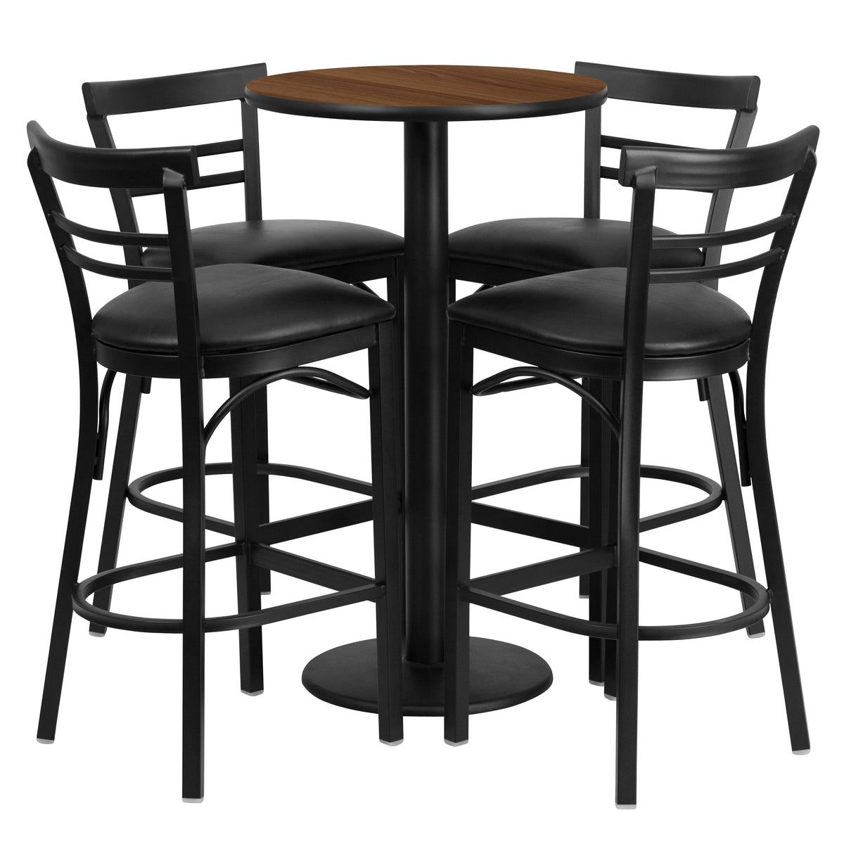 Walnut Top/Black Vinyl Seat |#| 24" Round Walnut Laminate Table with Round Base & 4 Ladder Back Metal Barstools