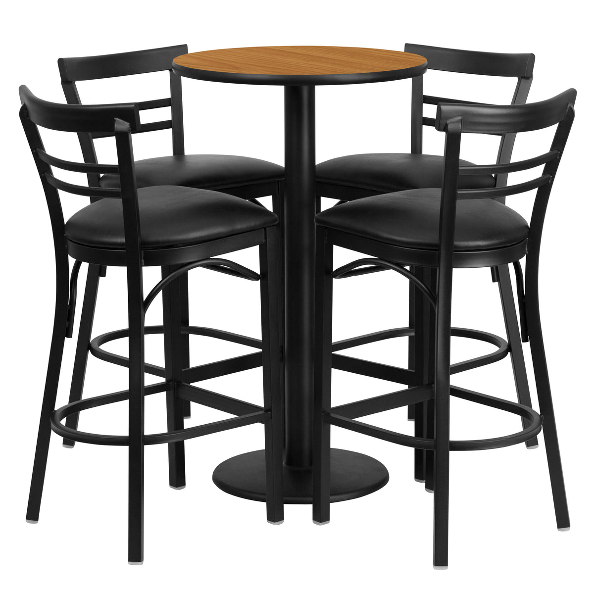 Natural Top/Black Vinyl Seat |#| 24" Round Natural Laminate Table with Round Base & 4 Ladder Back Metal Barstools