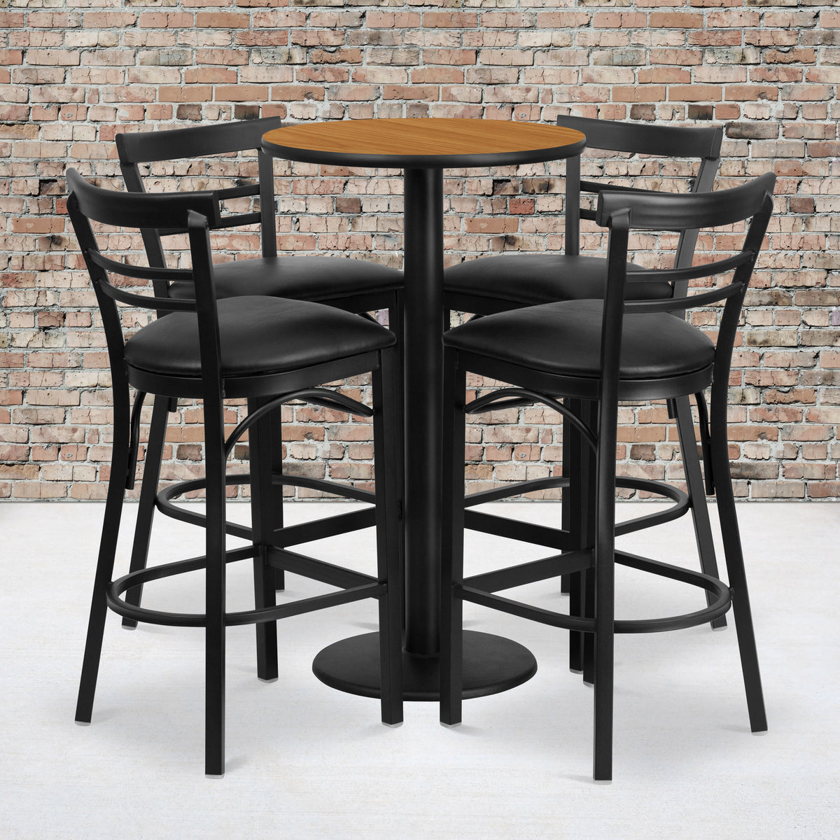 Natural Top/Black Vinyl Seat |#| 24" Round Natural Laminate Table with Round Base & 4 Ladder Back Metal Barstools