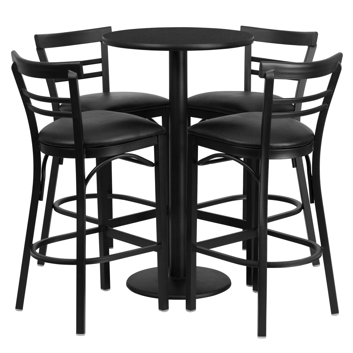 Black Top/Black Vinyl Seat |#| 24" Round Black Laminate Table with Round Base & 4 Ladder Back Metal Barstools