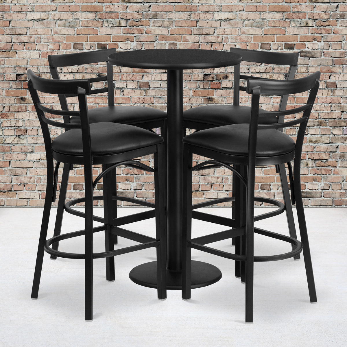 Black Top/Black Vinyl Seat |#| 24" Round Black Laminate Table with Round Base & 4 Ladder Back Metal Barstools