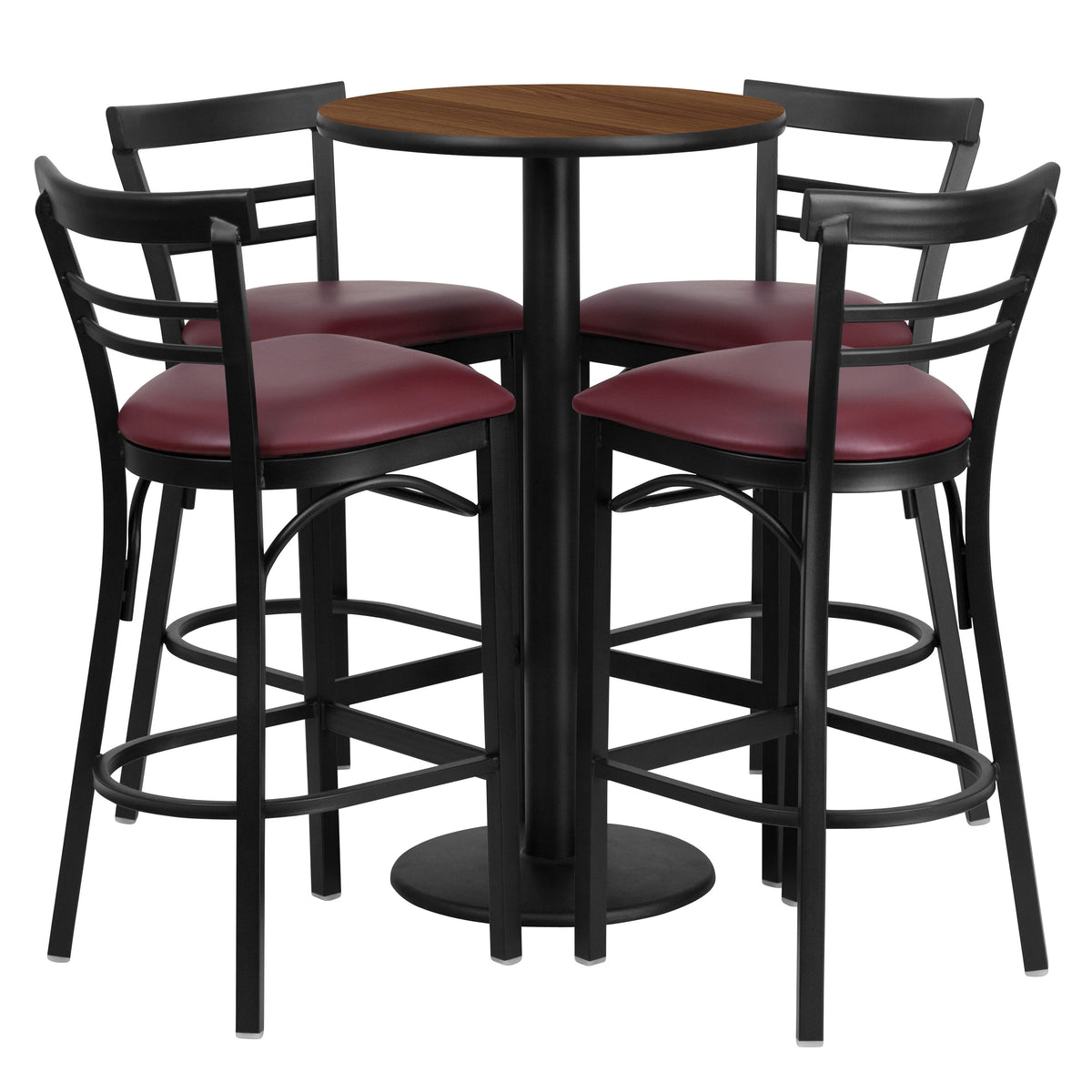 Walnut Top/Burgundy Vinyl Seat |#| 24" Round Walnut Laminate Table with Round Base & 4 Ladder Back Metal Barstools