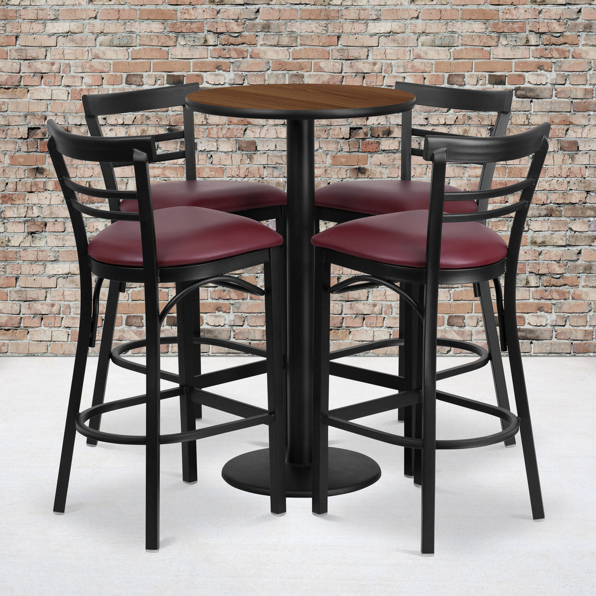 Walnut Top/Burgundy Vinyl Seat |#| 24" Round Walnut Laminate Table with Round Base & 4 Ladder Back Metal Barstools