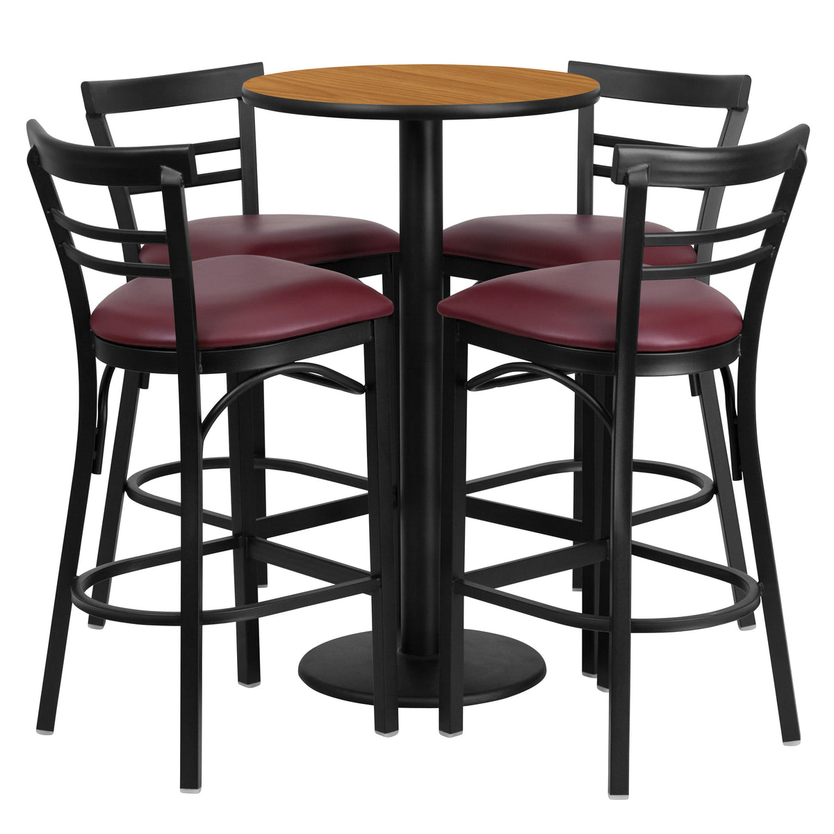Natural Top/Burgundy Vinyl Seat |#| 24" Round Natural Laminate Table w/ Round Base & 4 Ladder Back Metal Barstools