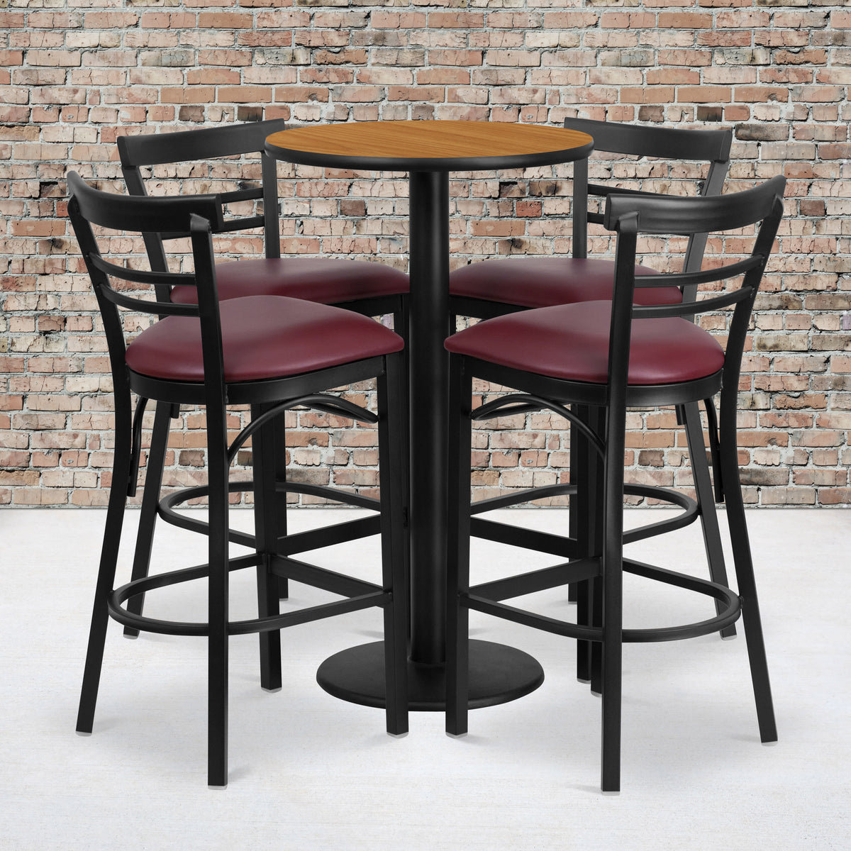 Natural Top/Burgundy Vinyl Seat |#| 24" Round Natural Laminate Table w/ Round Base & 4 Ladder Back Metal Barstools