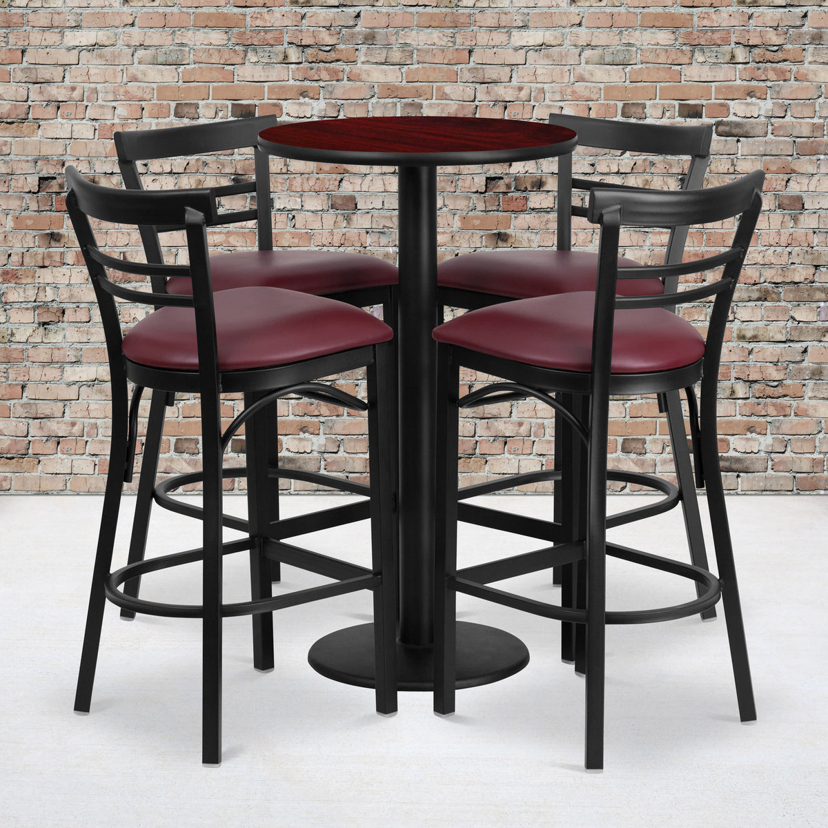 Mahogany Top/Burgundy Vinyl Seat |#| 24" Round Mahogany Laminate Table w/ Round Base & 4 Ladder Back Metal Barstools