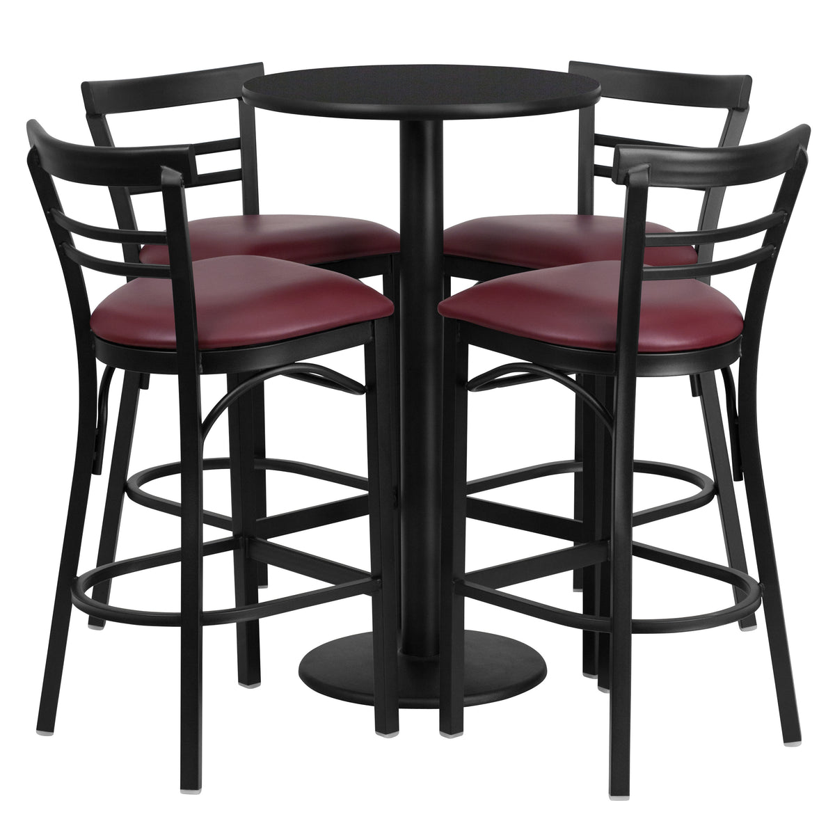 Black Top/Burgundy Vinyl Seat |#| 24" Round Black Laminate Table with Round Base & 4 Ladder Back Metal Barstools