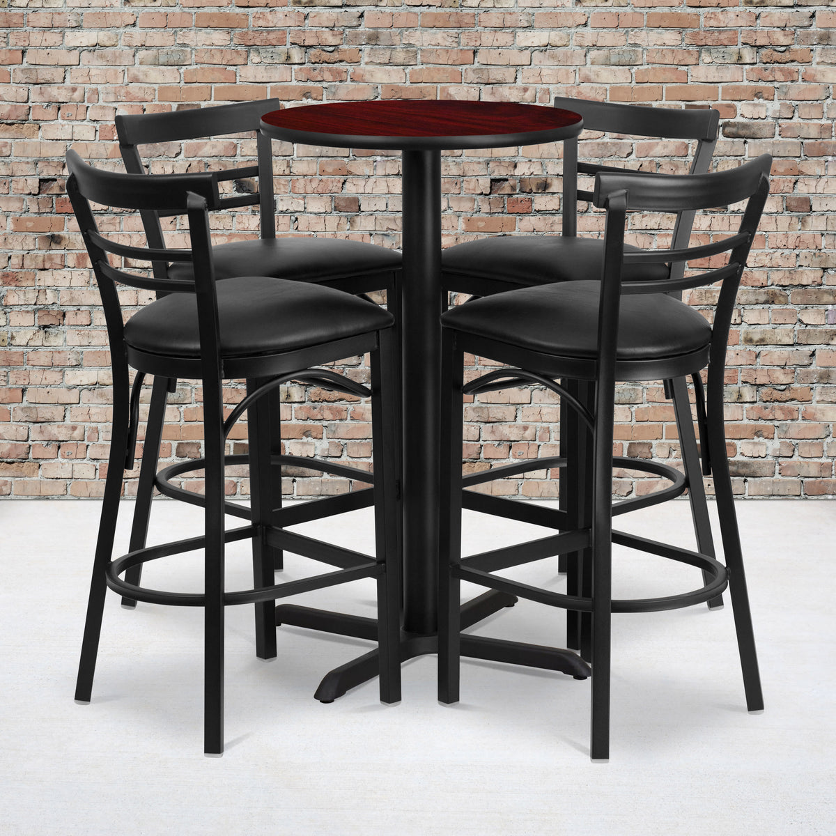 Mahogany Top/Black Vinyl Seat |#| 24" Round Mahogany Laminate Table with X-Base & 4 Metal Vinyl Seat Barstools