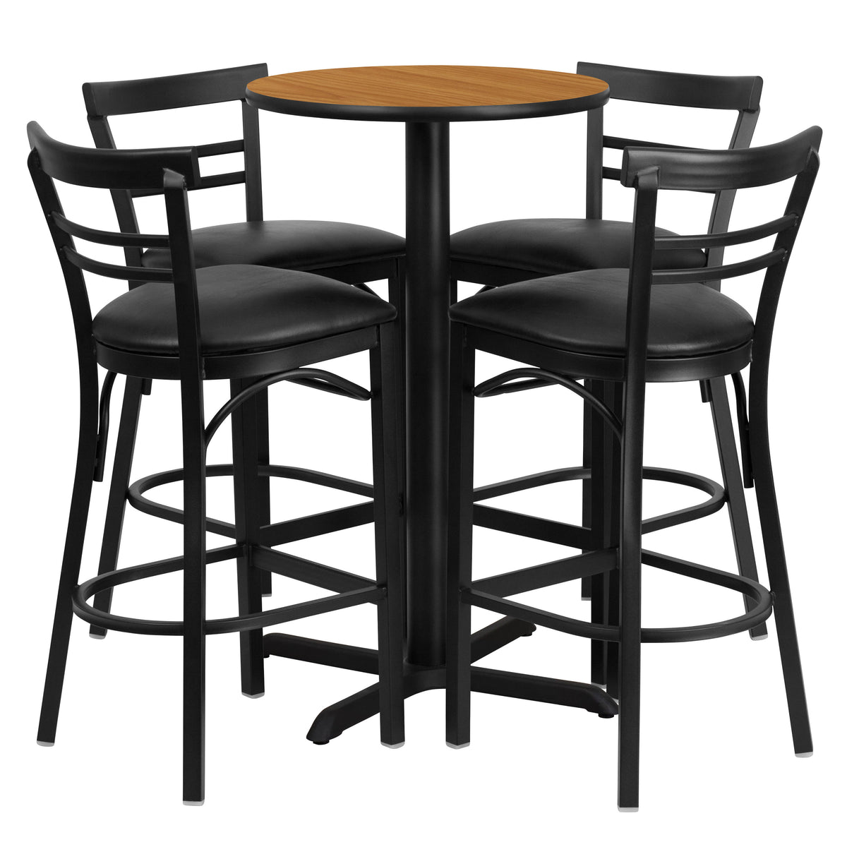 Natural Top/Black Vinyl Seat |#| 24" Round Natural Laminate Table with X-Base and 4 Metal Vinyl Seat Barstools