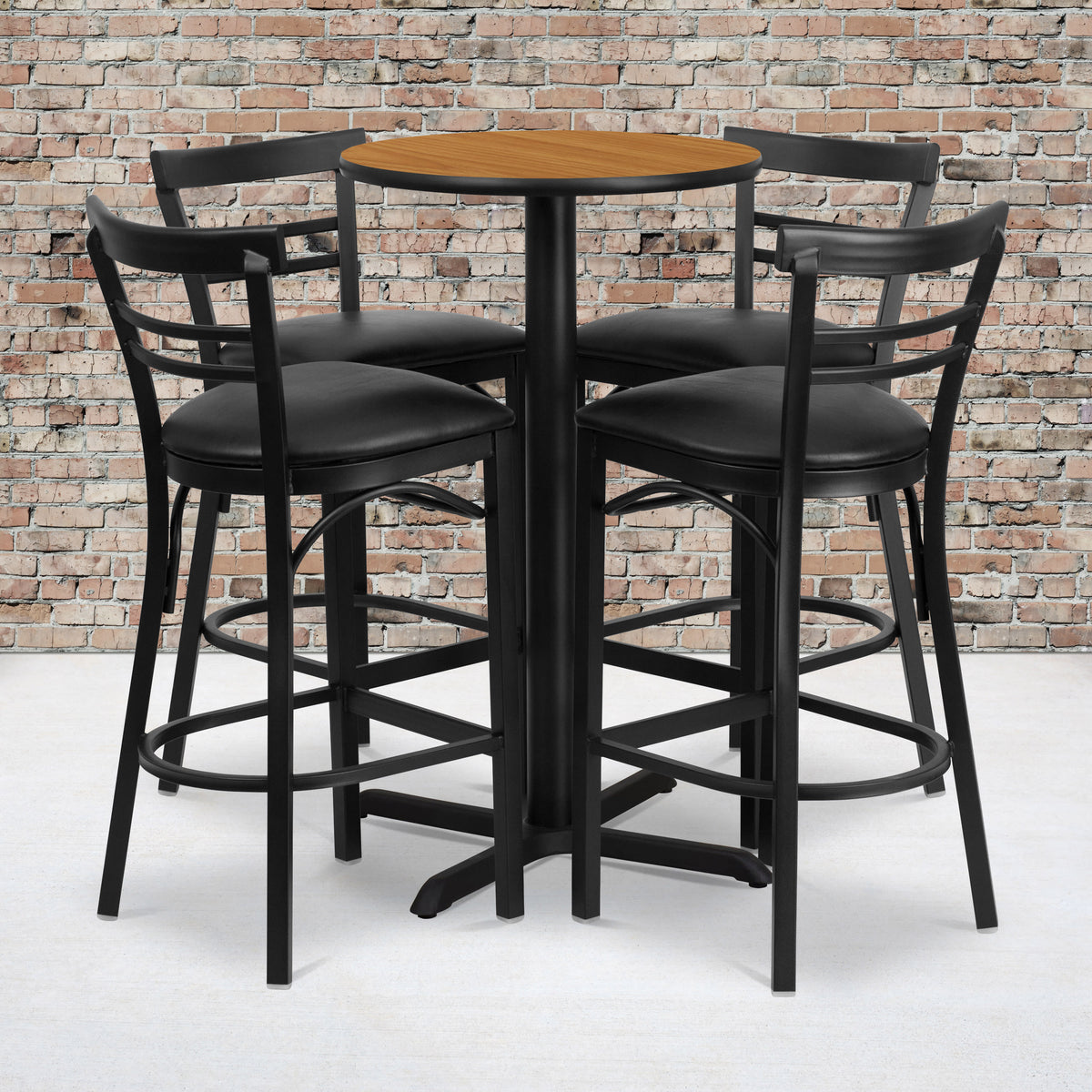 Natural Top/Black Vinyl Seat |#| 24" Round Natural Laminate Table with X-Base and 4 Metal Vinyl Seat Barstools