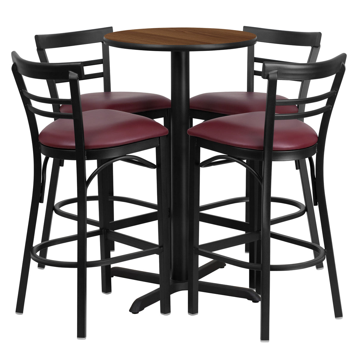 Walnut Top/Burgundy Vinyl Seat |#| 24" Round Walnut Laminate Table with X-Base & 4 Metal Vinyl Seat Barstools
