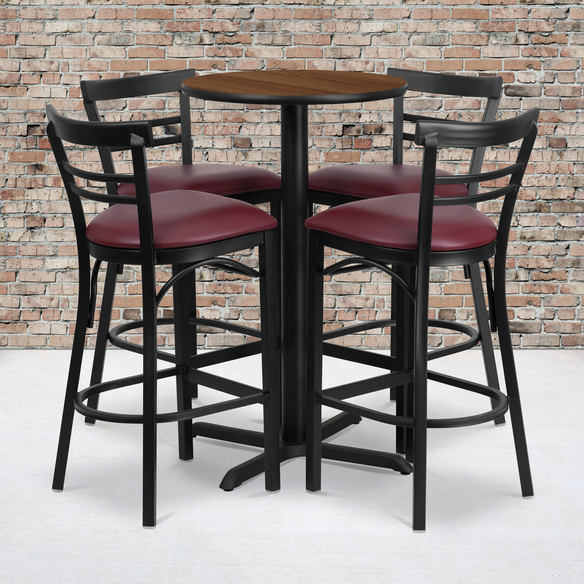 Walnut Top/Burgundy Vinyl Seat |#| 24" Round Walnut Laminate Table with X-Base & 4 Metal Vinyl Seat Barstools