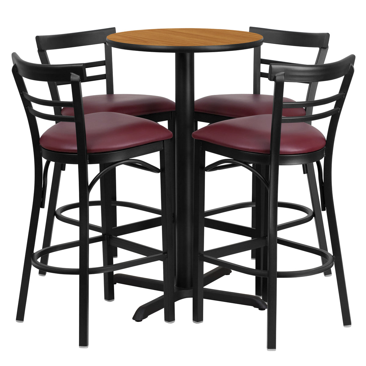 Natural Top/Burgundy Vinyl Seat |#| 24" Round Natural Laminate Table Set with X-Base & 4 Metal Vinyl Seat Barstools