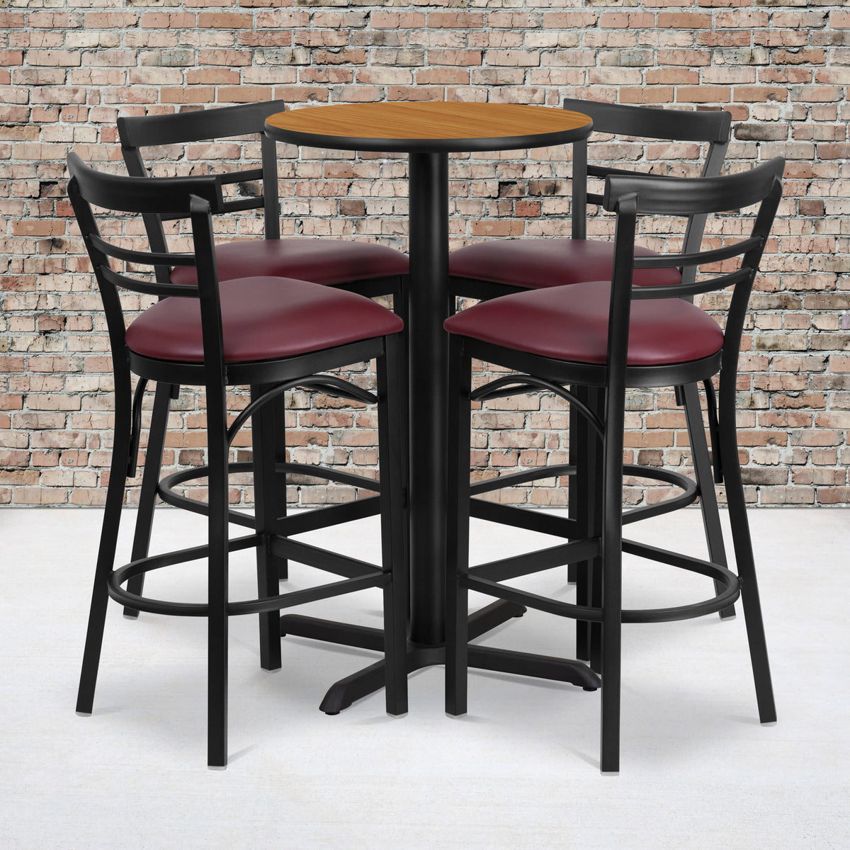 Natural Top/Burgundy Vinyl Seat |#| 24" Round Natural Laminate Table Set with X-Base & 4 Metal Vinyl Seat Barstools