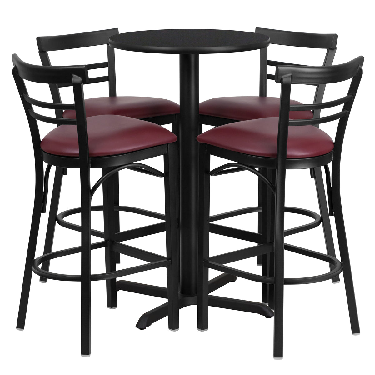 Black Top/Burgundy Vinyl Seat |#| 24" Round Black Laminate Table with X-Base & 4 Metal Vinyl Seat Barstools