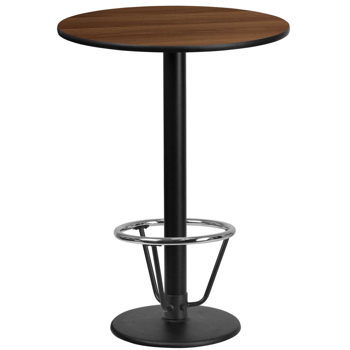 Walnut |#| 24" Round Walnut Laminate Table Top & 18" Round Bar Height Base with Foot Ring