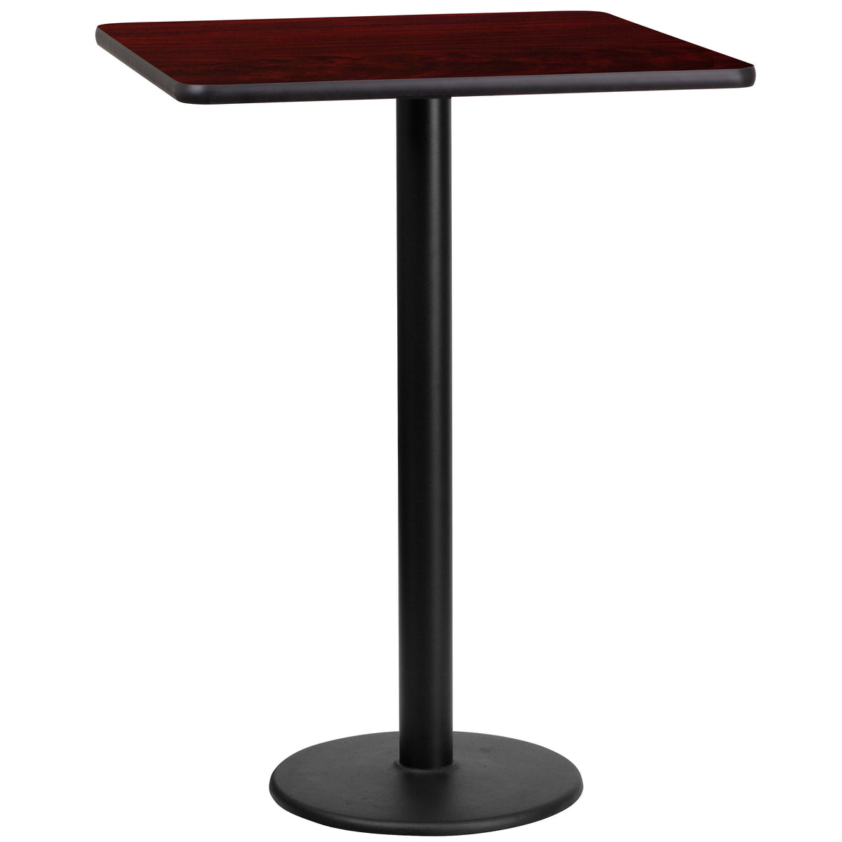 Mahogany |#| 24" Square Mahogany Laminate Table Top with 18" Round Bar Height Table Base