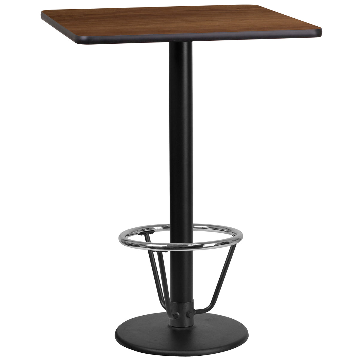 Walnut |#| 24" Square Walnut Laminate Table Top & 18" Round Bar Height Base with Foot Ring