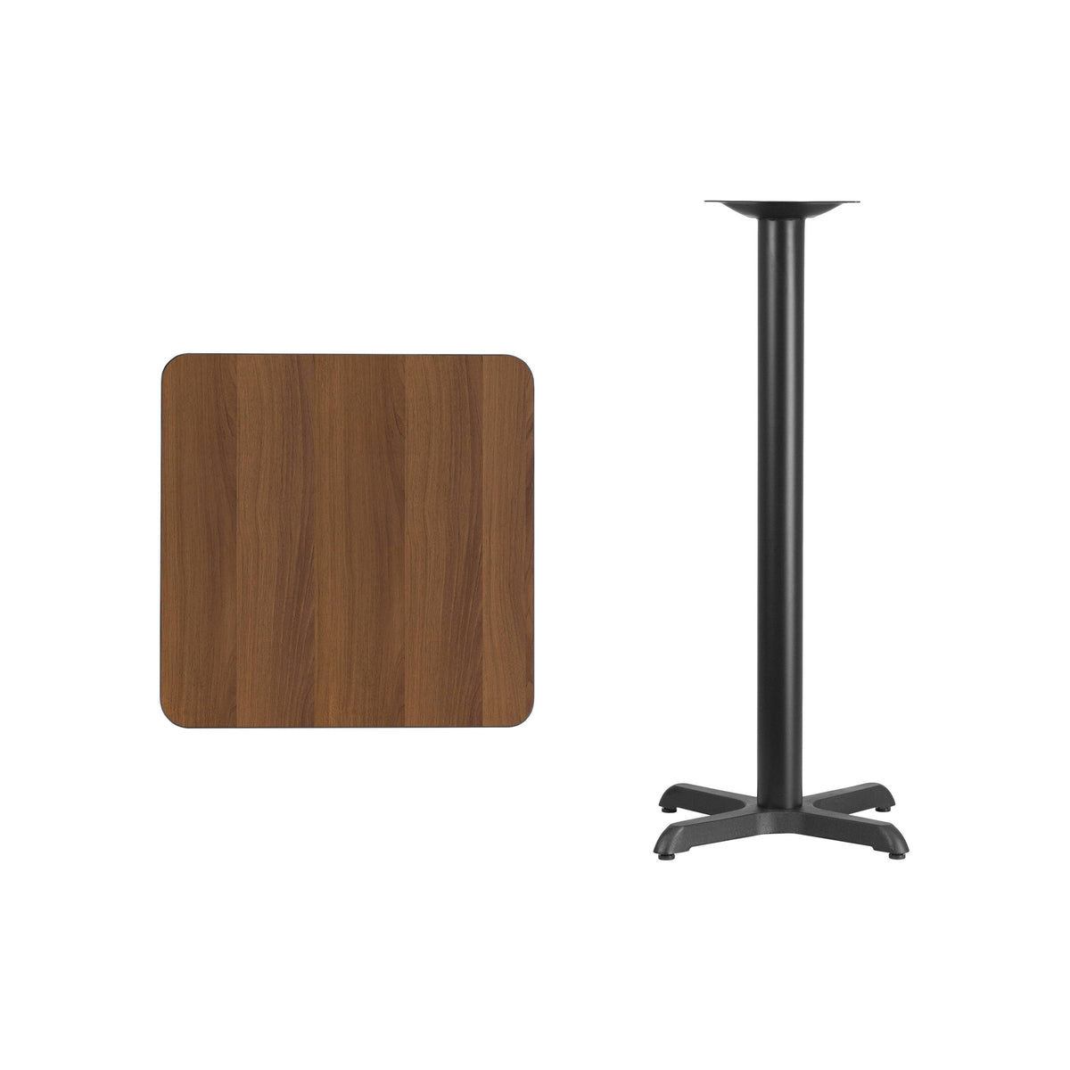Walnut |#| 24" Square Walnut Laminate Table Top with 22" x 22" Bar Height Table Base